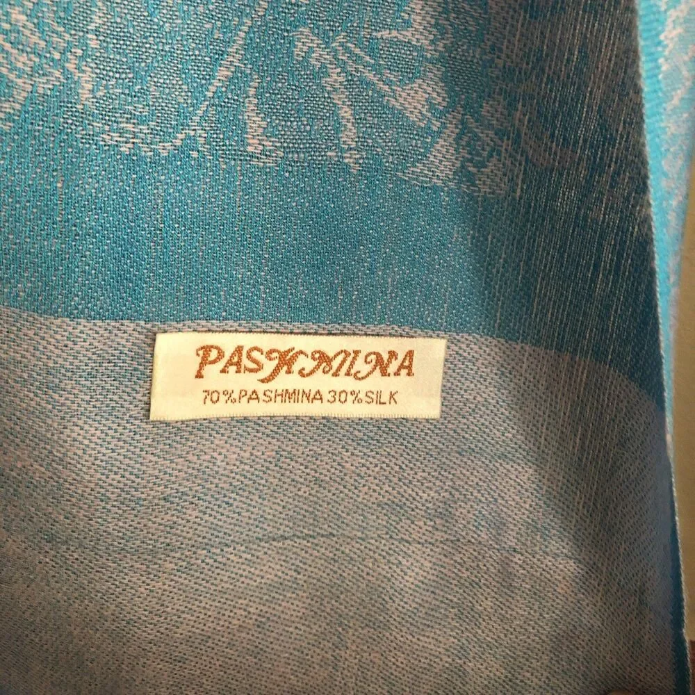 PASHMINA Cashmere Silk Paisley Fringe Shawl Elegant Blue Silver Wrap Scarf 28x78